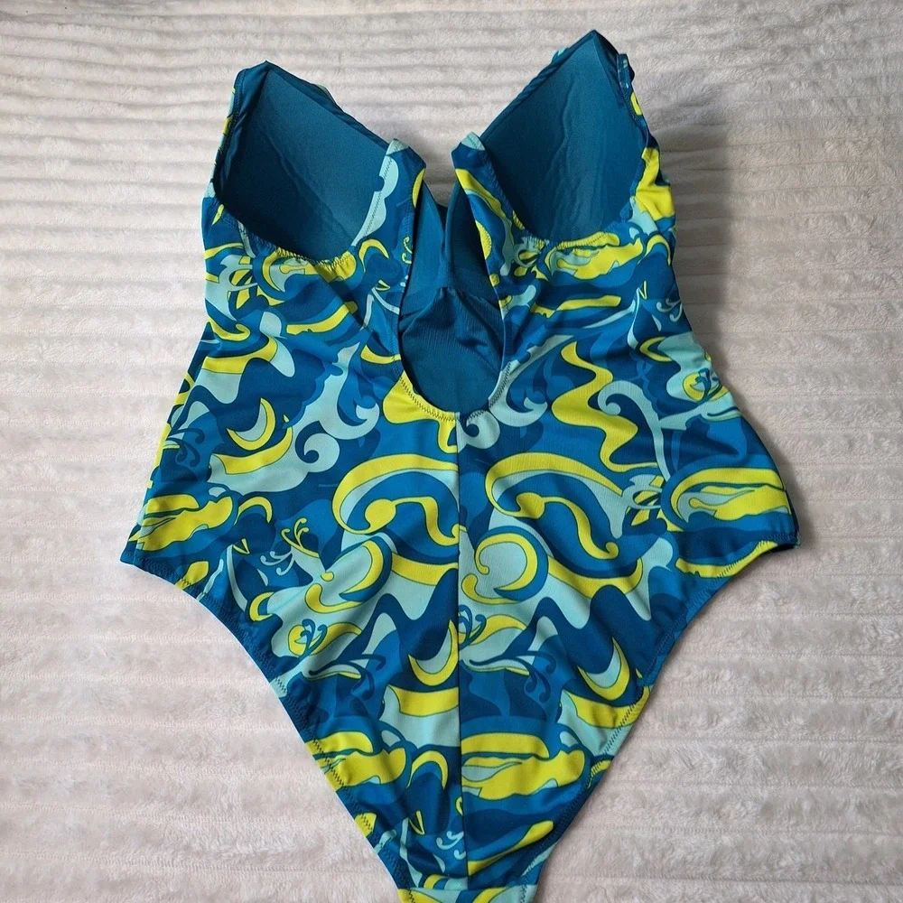 PSYCHEDELIC One Piece Swimsuit Womens 8‎ Teal Yellow Retro Abstract Padded Bra